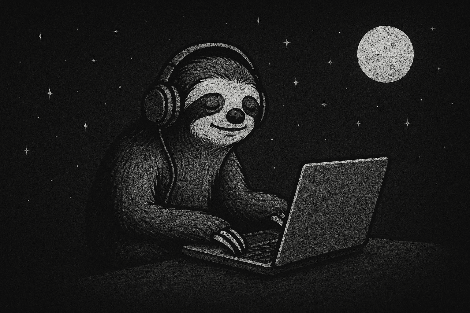 A sloth with headphones and a computer in front listening to audios