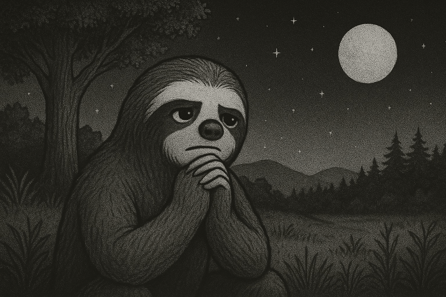 A sloth with a thoughtful expression, contemplating the mysteries of the universe