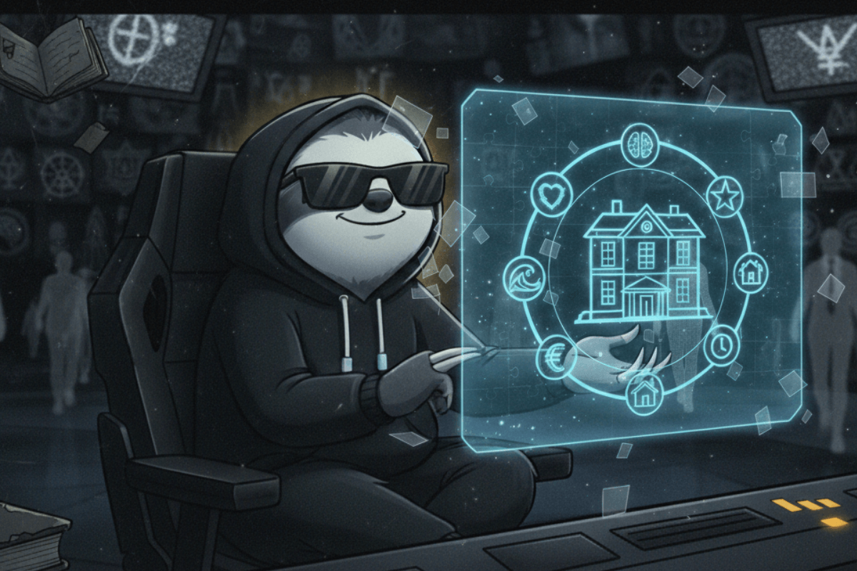 The Sloth sitting on top of the 8 paths spiritual renegades map, representing the slow and strategic seeking approach of the map