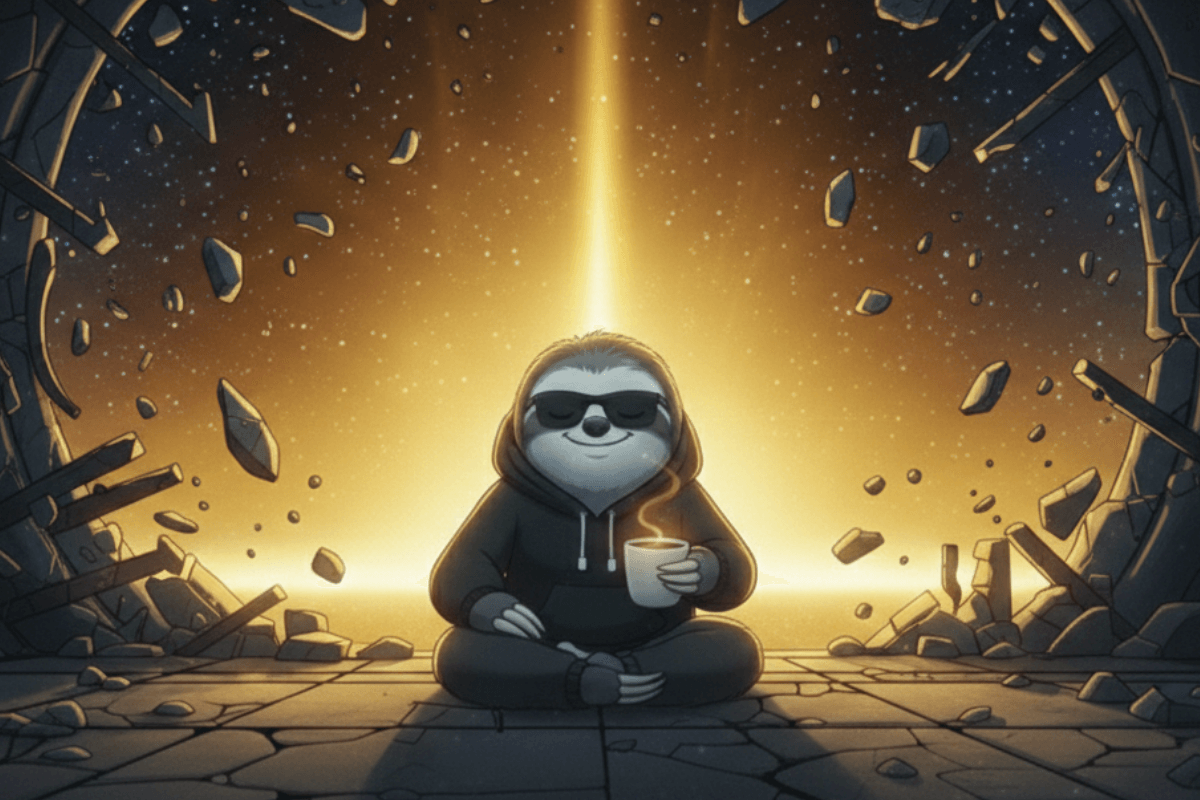 The Sloth breaking the matrix, representing the breakdown that led to the creation of Spiritual Renegades and the awakening to a new perspective on time and reality