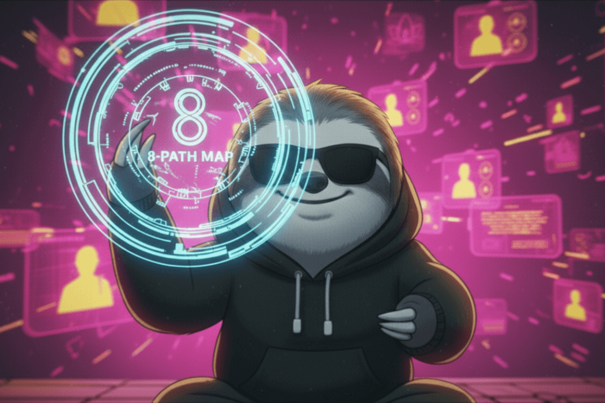 The Sloth sitting on top of the 8 paths spiritual renegades map, representing the slow and strategic seeking approach of the map