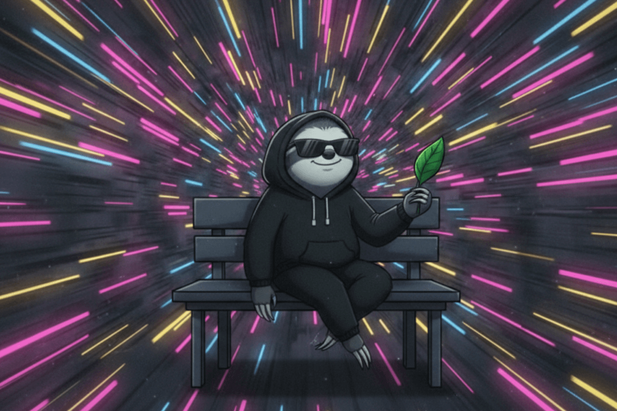 The Sloth sitting on a leaf, representing the strategic slowness and calm observation that the Sloth symbolizes as the stance of Spiritual Renegades